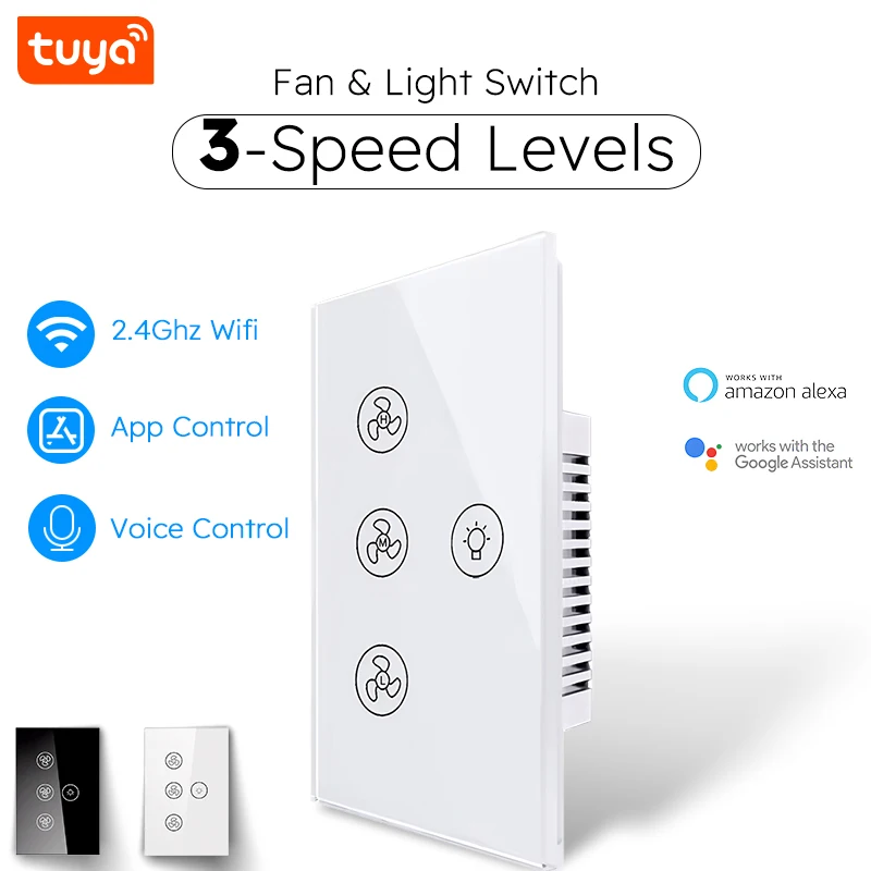 Tuya Wifi Smart Switch for Ceiling Fan LED Light Tuya Smart Life Alexa Google Voice Control Touch US Standard Wall Pannel
