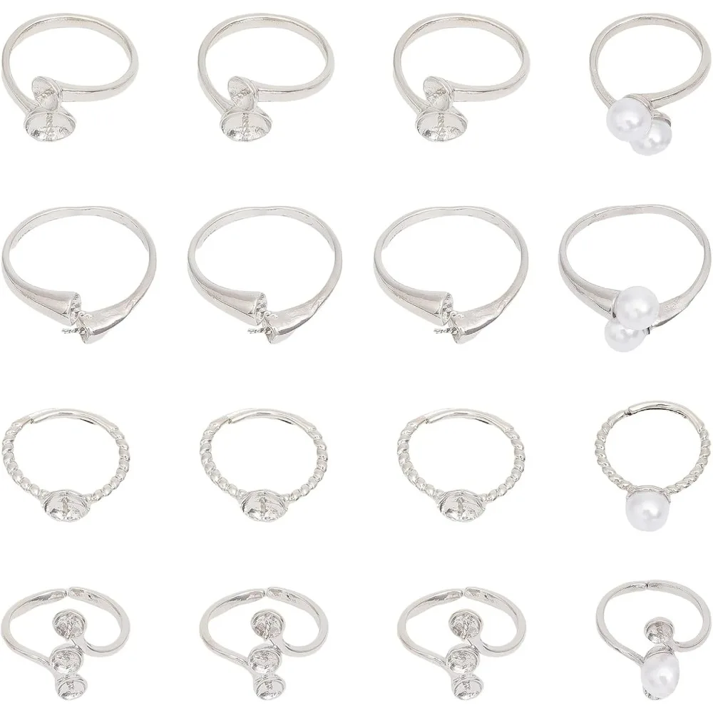 16 PCS Blank Rings 4 Styles Adjustable Brass Prong Rings Base for Half Drilled Beads Blank Pad Ring Trays Jewelry Findings