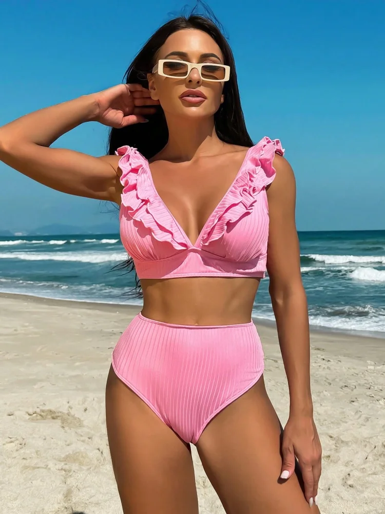 

Bikini Women Swimsuit 2025 New Pink Ribbed Ruffle Sling Bikinis Set Sexy High Waist Swimwear Summer Beach Bathing Suit Female