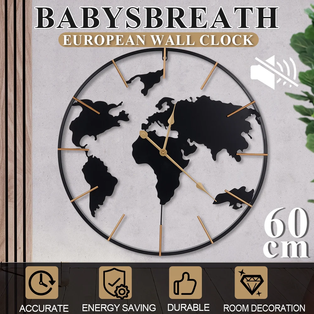 60Cm Wall Clock Round Hands Modern Simple Design Map Theme Decorative wall Decoration For The Living Room Study Dining Room