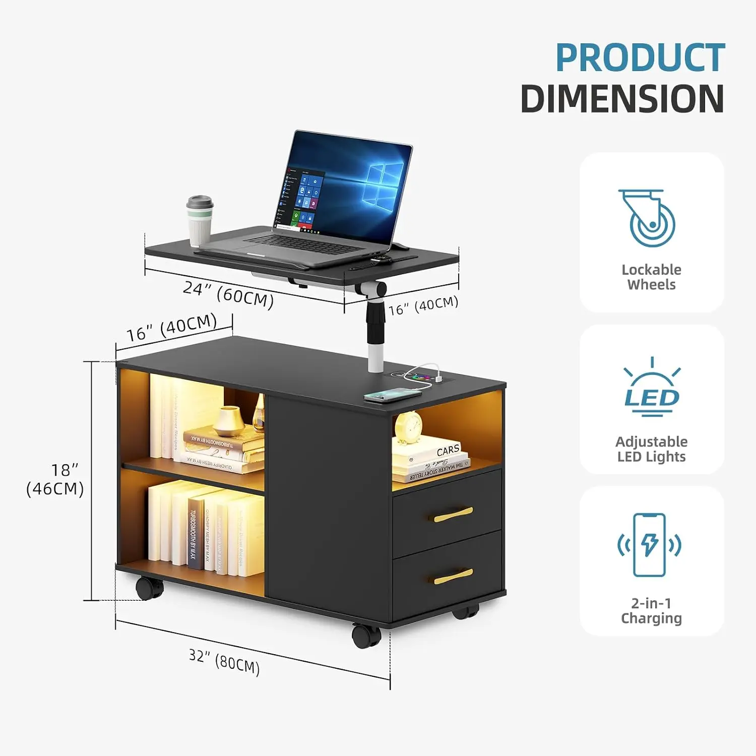 Height Adjustable Nightstand with Laptop Tray, RGB Light, USB & Type-C & Wireless Charger, Sensor, 360° Swivel Tray, Wheels, 5 S