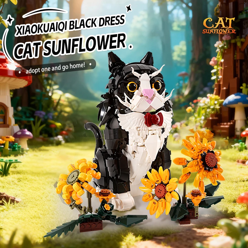 Vestido negro, modelo de gato de girasol, juguete de construcción, juguete para el hogar, adorno, juguete educativo, juego de bloques de construcción, regalo de cumpleaños para niños