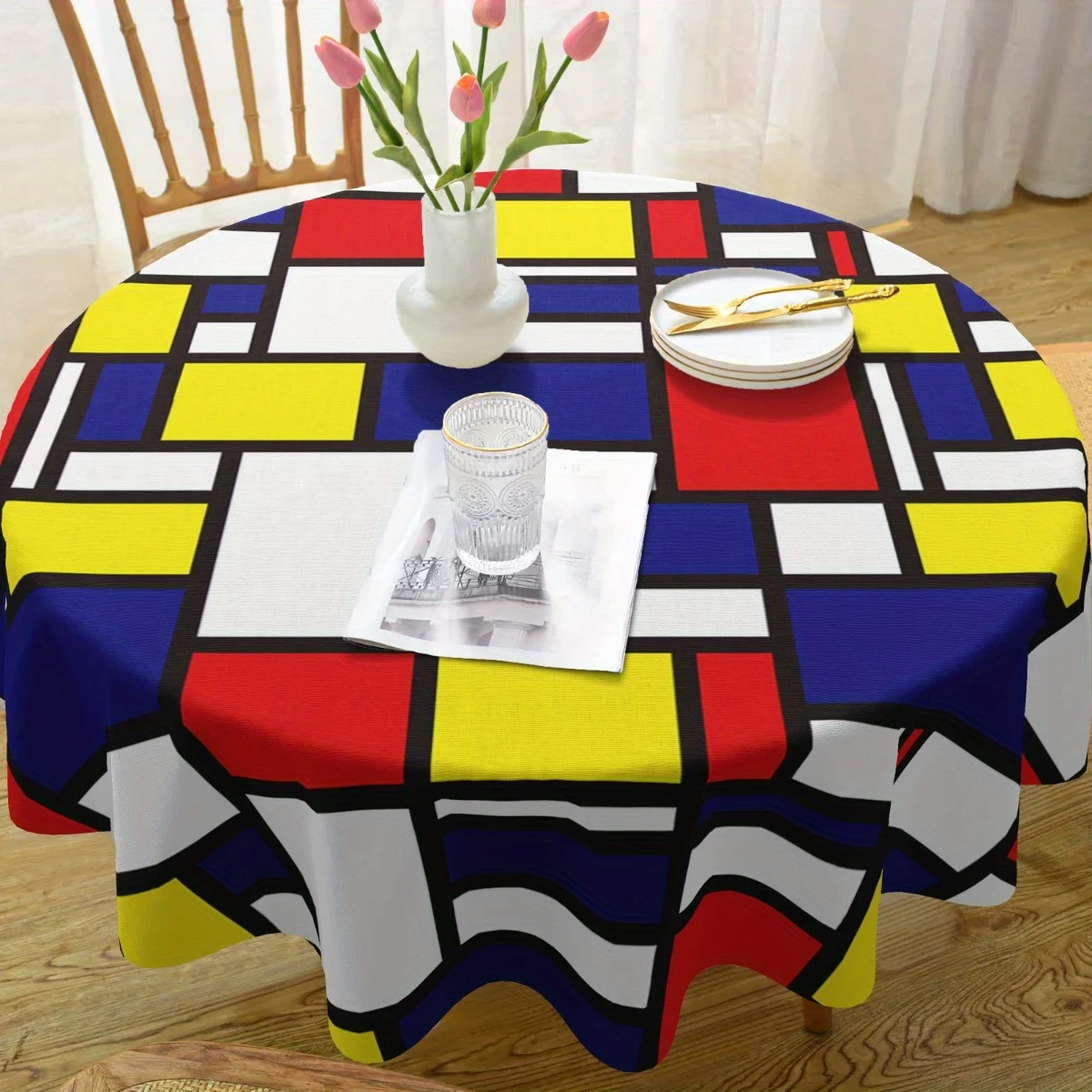 One Mondrian-style printed tablecloth - Bohemian geometric pattern, made of durable polyester material