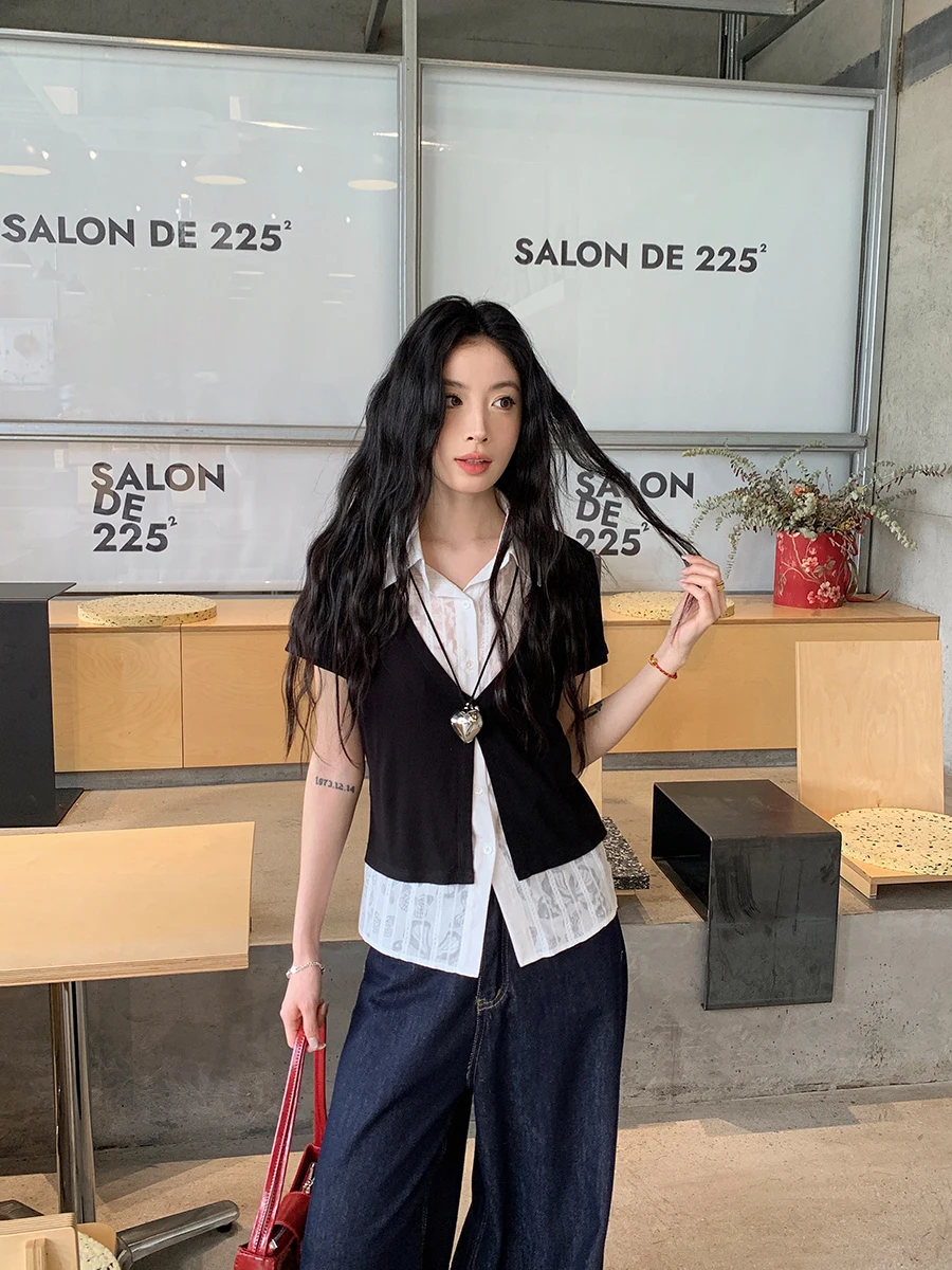 

Casual Bla ort Sve Ne Design Slim Fit irt Women's Summer Thin Top Fake Two-Piece Knitted Polyester Cotton Blend