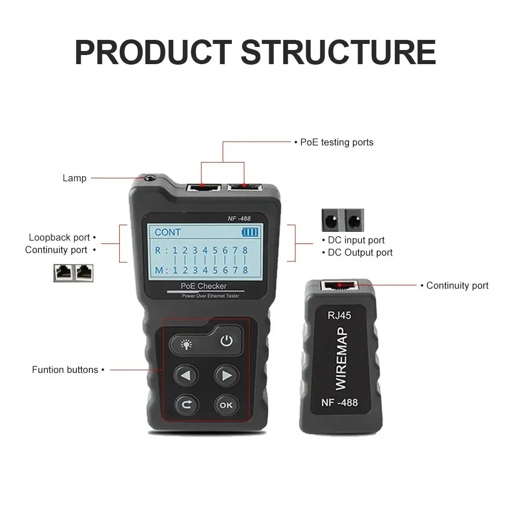 NOYAFA NF-488 Tester kabli sieciowych Przełącznik PoE Test online PoE Napięcie polaryzacji Narzędzie do testowania pętli z wyświetlaczem LCD