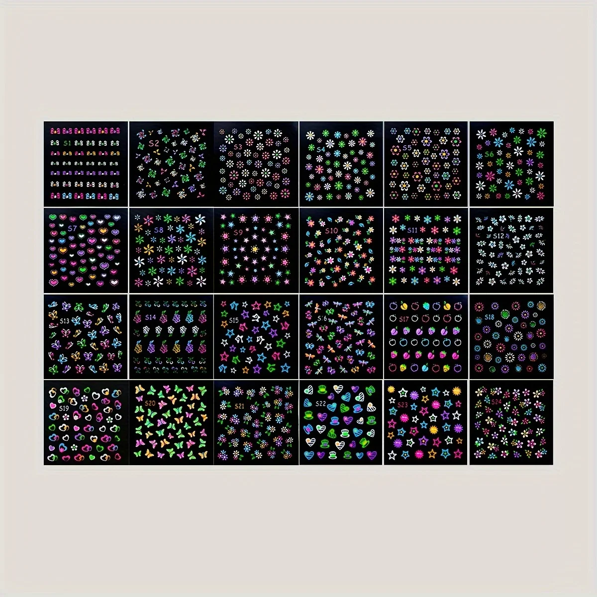 30枚入り 3D蓄光ネオンネイルステッカー - グリッター光沢のある蝶とハートのネイルアートデコレーション (粘着式)