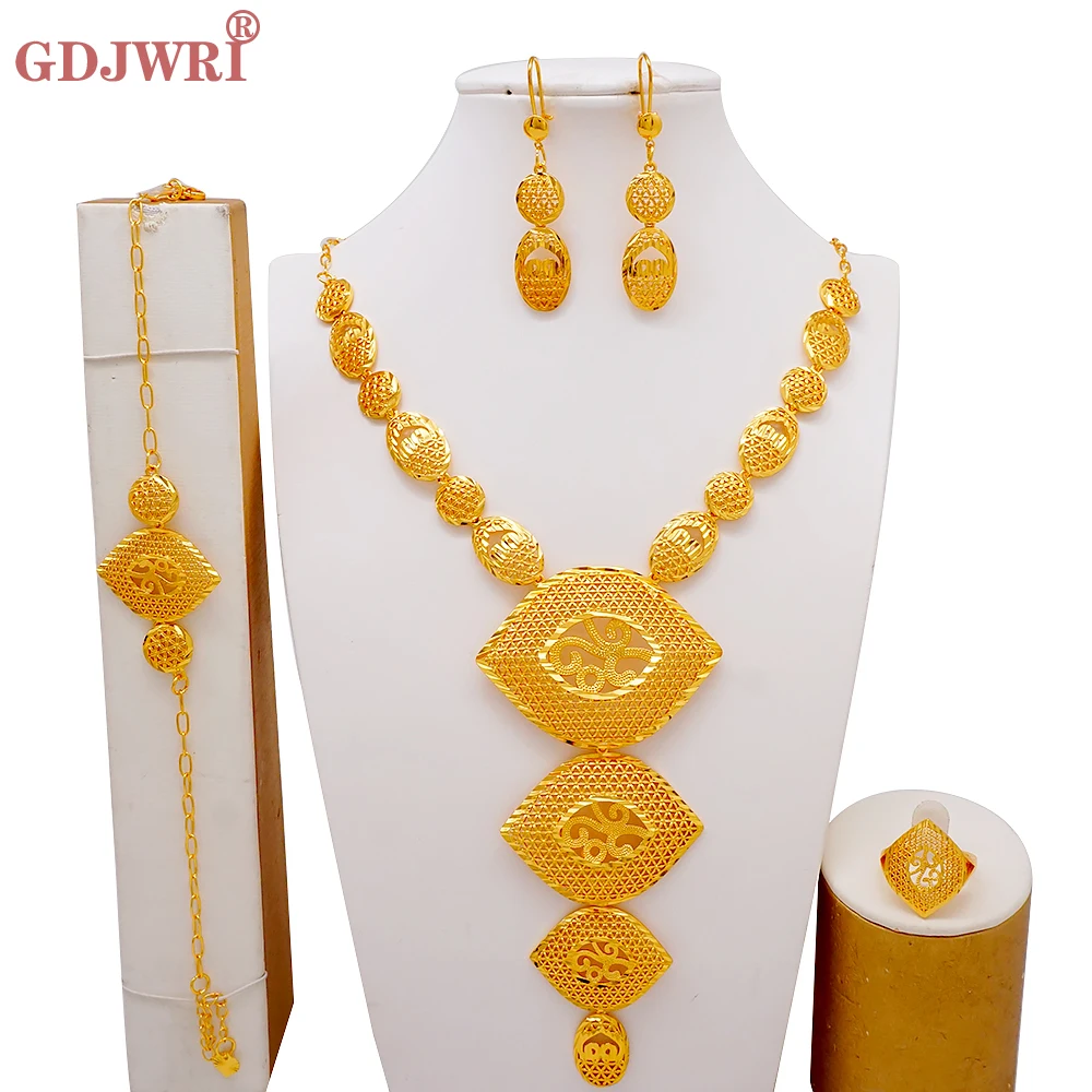 Luxury Indian Dubai Gold Color Jewelry Sets African Ethiopian Bridal  For Women Long Necklace Bracelet Earrings Ring Set Gifts