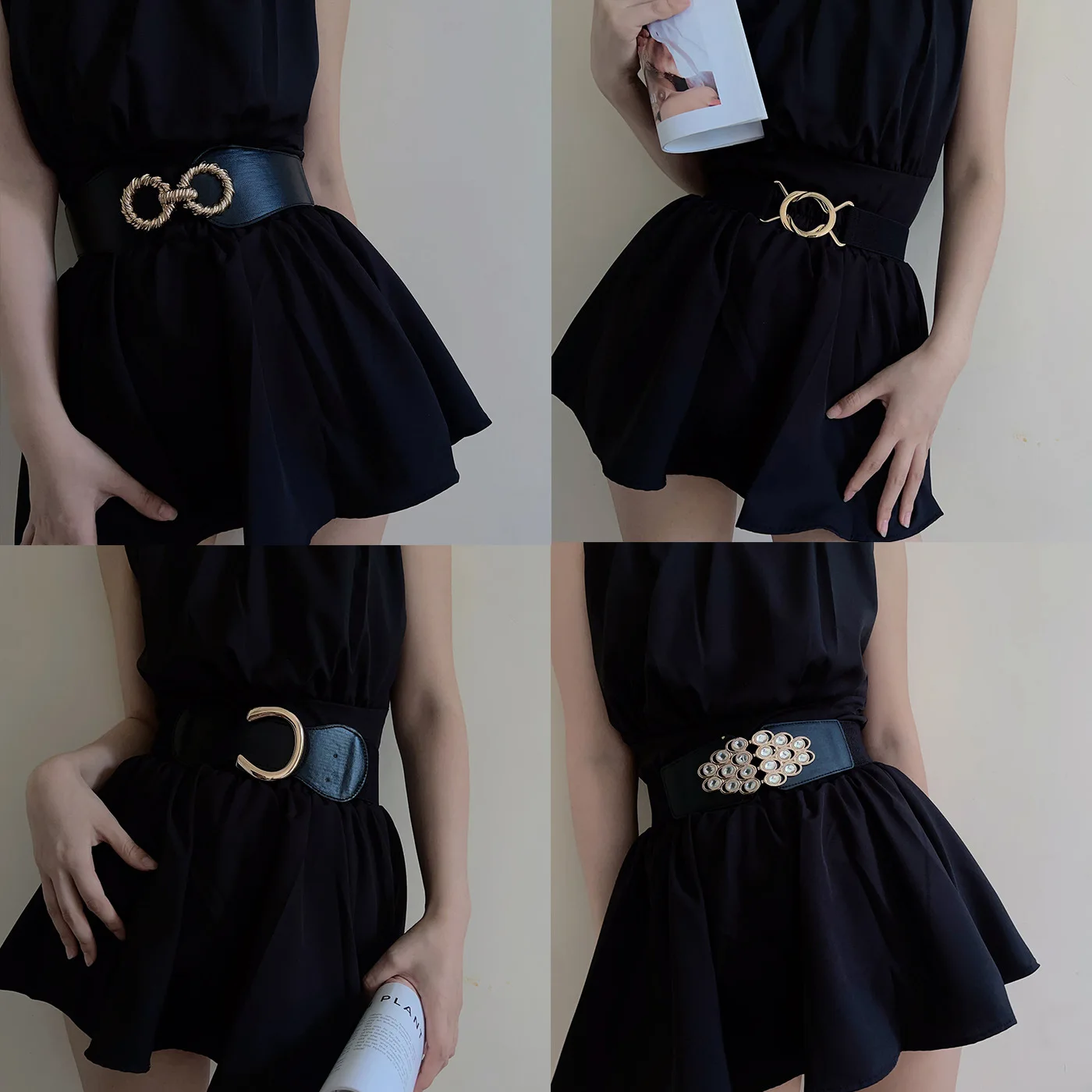 Gold Round Buckle Elastic Women Wide Belt Fashion White Black Brown Stretch Female Waist Belt Ladies Suit Coat Dress Waistband