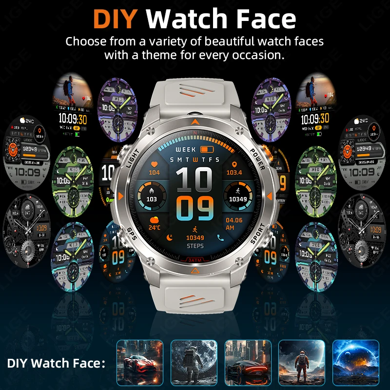 LIGE 러기드 GPS 트랙 스마트워치 남성용 LED 플래시라이트 나침반 3ATM 방수 블루투스 통화 스포츠 사이클링 남성 스마트워치