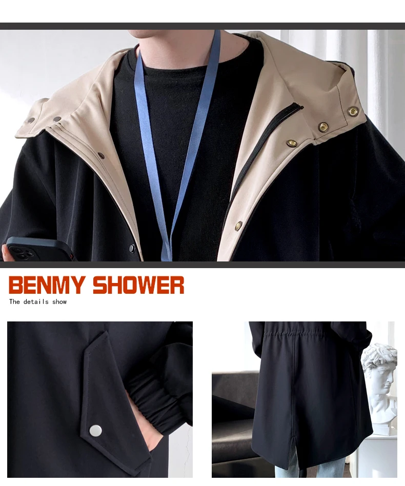 トレンチメンズコートファッションフード付きトレンチコート秋ミッドレングスシングルブレストルーズウインドブレーカーカジュアルオーバーコートフェイクツーピース