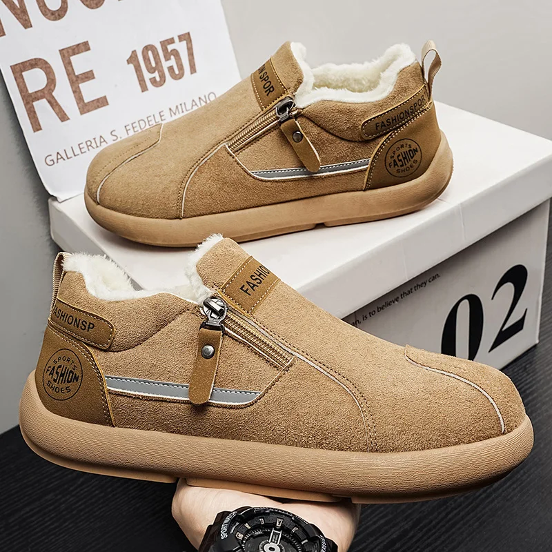 Fashion Men Suede Winter Warm Boots Side Zipper Fleece Lined Daily Footwear