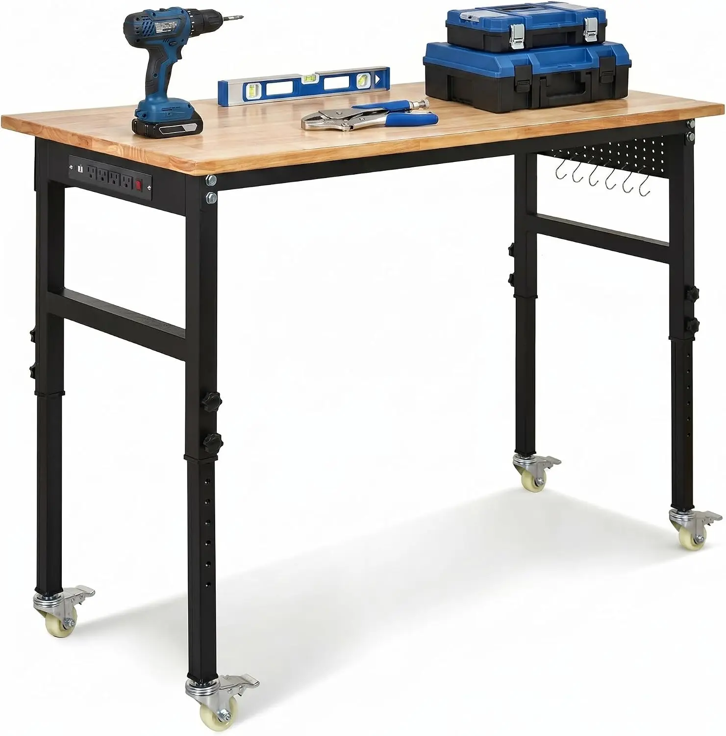 48 Inch Heavy Duty Adjustable Workbench Power Outlet Durable Rubber Wood Top 2000 Lbs Capacity 29 40 Height Pegboard 6 Hooks Rol
