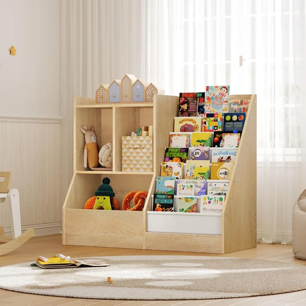 39.4" Kids Bookshelf with 7 Fabric Slings, Toy Storage Organizer for Playroom and Bedroom
