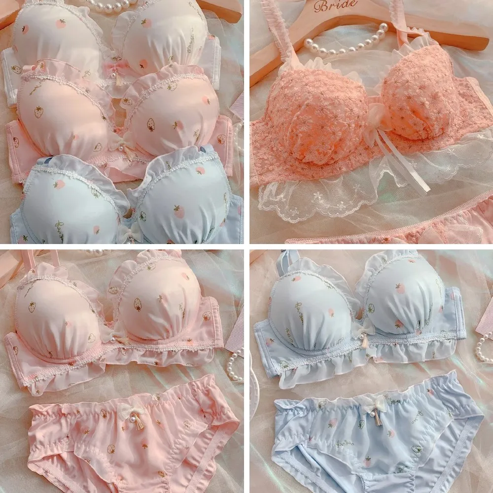

Sweet Fruit Print Lace Lingerie Set, Thin Cup Bra & Panties, No Steel Ring, Cute Chiffon Underwear