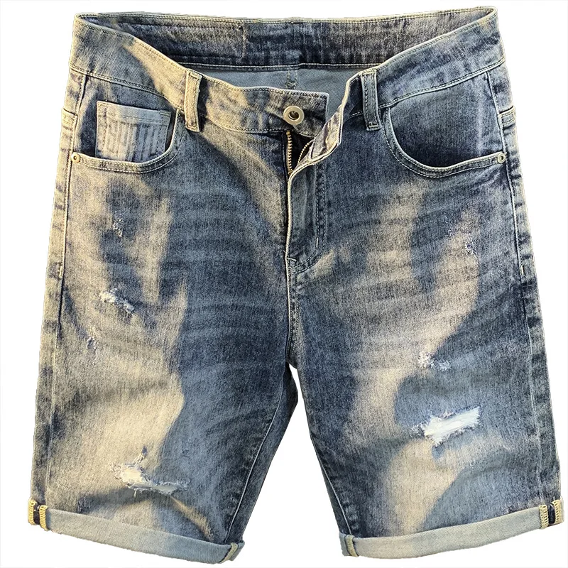 2024Summer new denim shorts men's fashion brand blue shortsinskorean style printed stretch Bermuda shorts