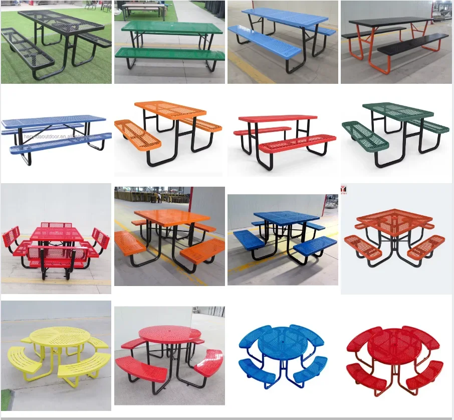 Mental Camping Table Outdoor Picnic Table Factory Customizable Park Rectangle Perforated Steel Commercial Steel Picnic 6 Ft 8 Ft