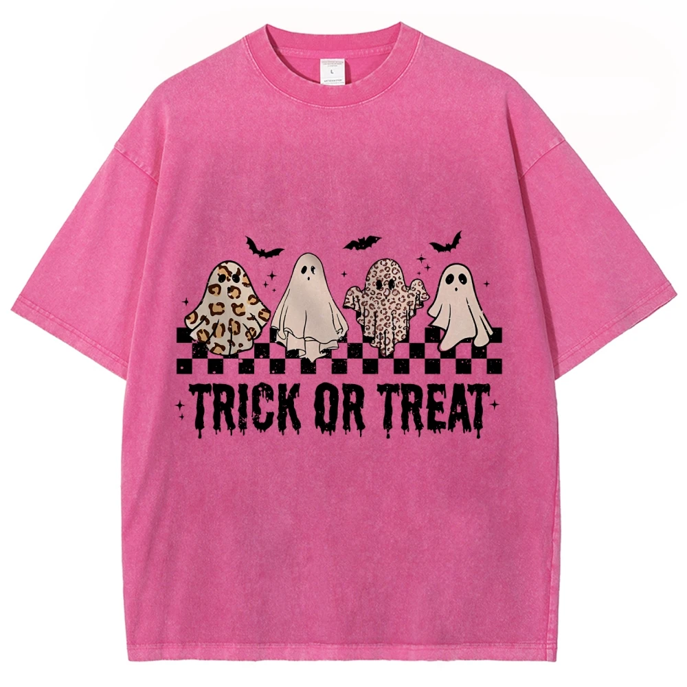 Halloween Short Sleeves TRICK OR TREAT Print Unisex Fit Washed T-Shirt Oversized Vintage Summer  Streetwear For Women and Men