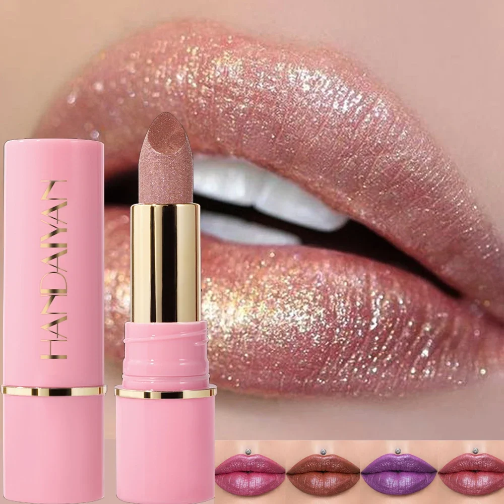 Champagne Matte Glitter Lipstick Waterproof Long Lasting Diamond Pearlescent Metallic Purple Sparkling Lip Stick Makeup Cosmetic