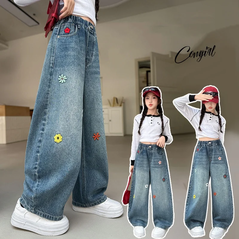 

Girls Jeans Ages 4-14Y Teen Loose Denim Teenage Vintage Trousers Toddler Girl Casual Floral Blue Denim Bottom Kid Y2k Long Pants