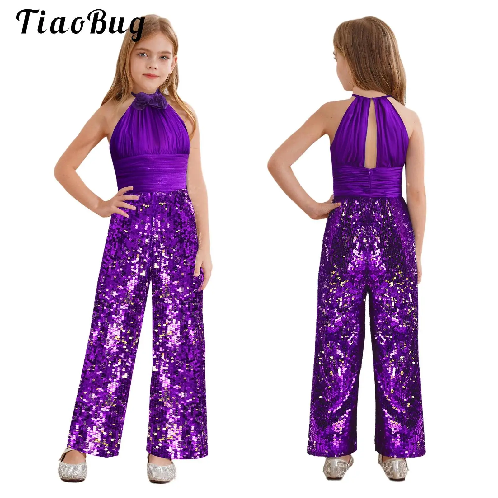 Shiny Sequined Girls Birthday Wedding Party Jumpsuit Pants Halter Sleeveless Full Body Romper Bodysuit for Banquet Pageant Prom