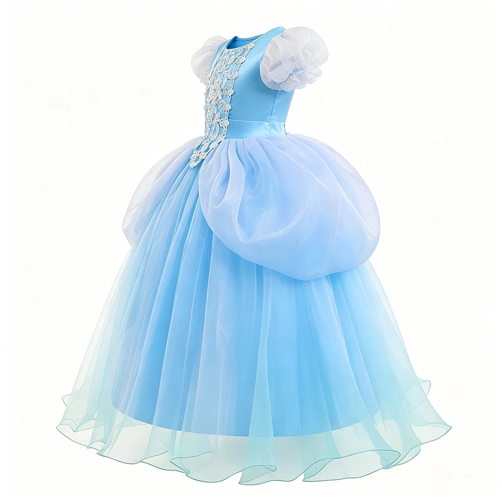 Märchenhaftes Glasstieferl-Kleid für Kinder, Cinderella Geburtstagskleid, Sommerliches Spitzenprinzessinnenkleid mit Puffrock für Halloween, Karneval, Party und Cosplay – Detail 4