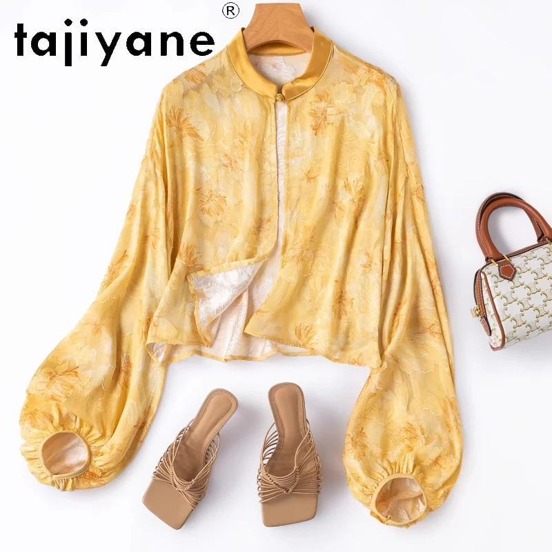 

TAJIYANE 100% шелковая блузка из тутового шелкопряда, золотистая короткая рубашка, женский шелковый кардиган с рукавами-фонариками, весенняя женская одежда 2026, рубашка