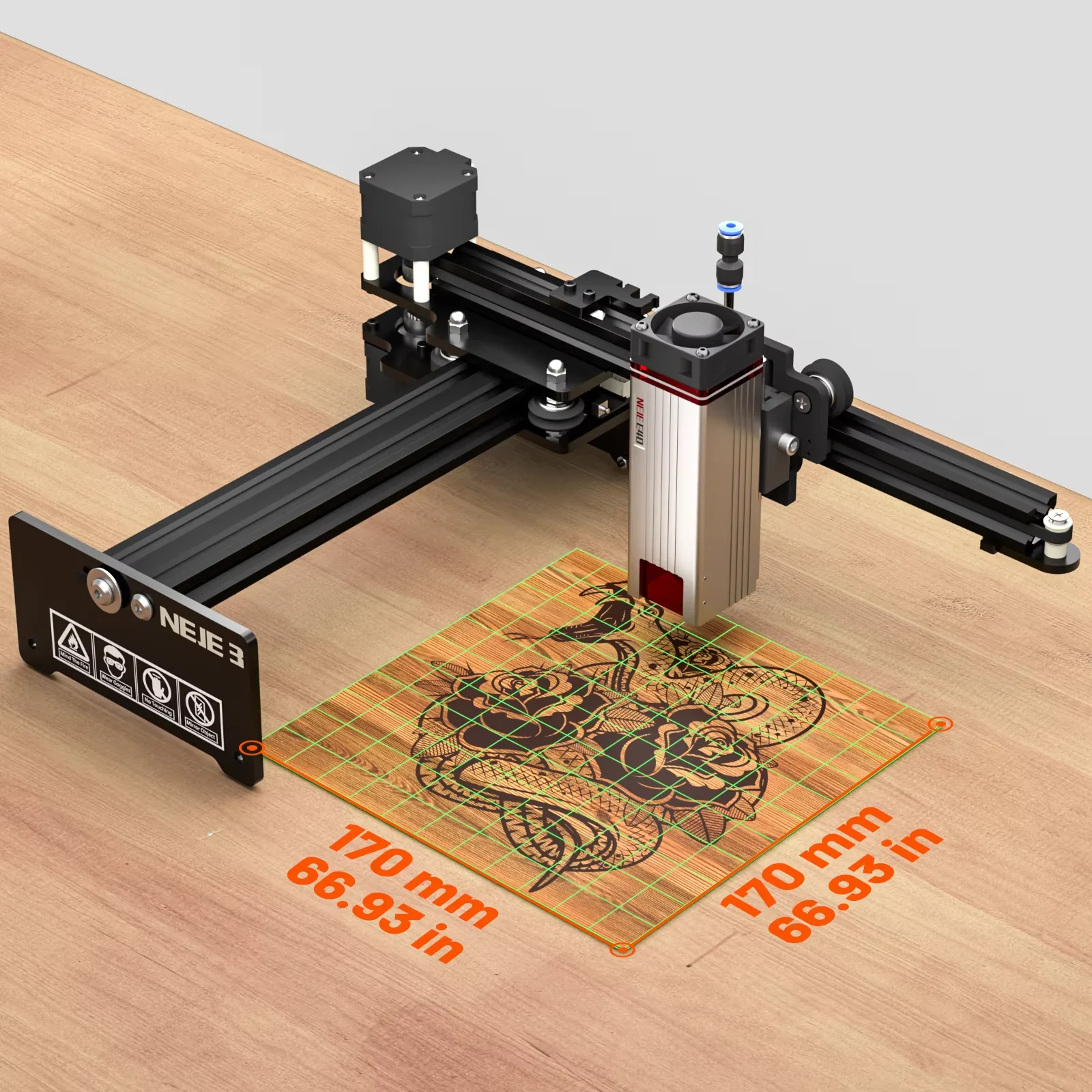 NEJE 5 E40 Lasergravur-Schneidemaschine, 170 x 170 mm, Schnellfokus, WLAN-Steuerung, Bewegungsschutz für Holz, Metall, Acrylglas