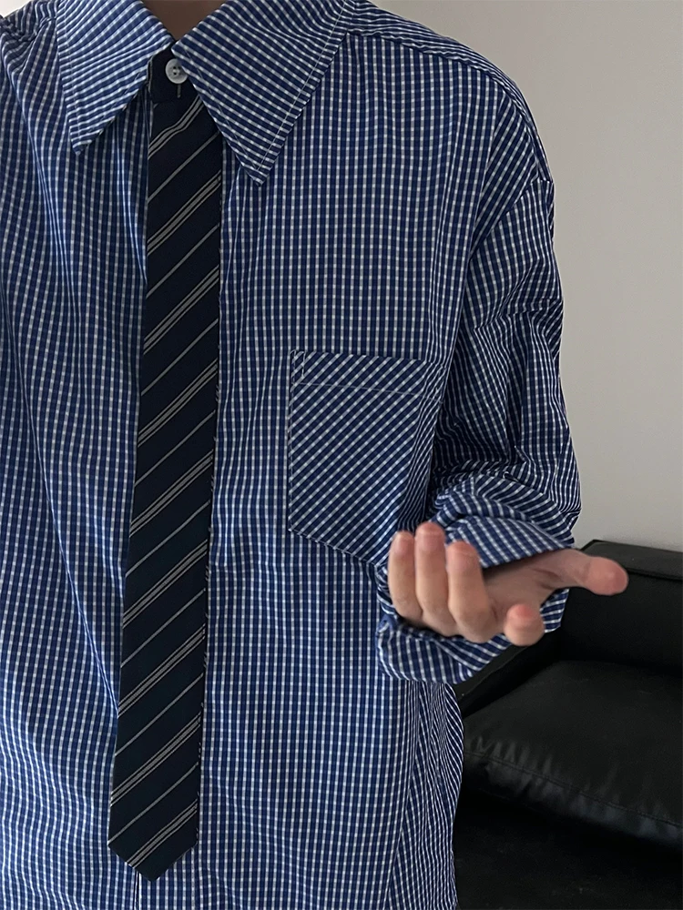 

Blue American High Street Plaid Long Sve irt Men Loose Top Design Sense Tie Dye Stand Fit Summer Faion Youth