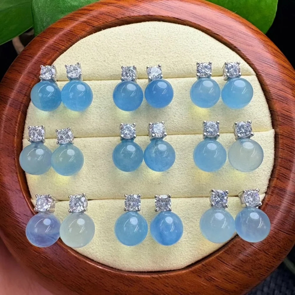Серьги-гвоздики из натурального аквамарина S925 8 мм, целебный камень, аксессуары для рукоделия, подарок на праздник/день рождения, 1 комплект