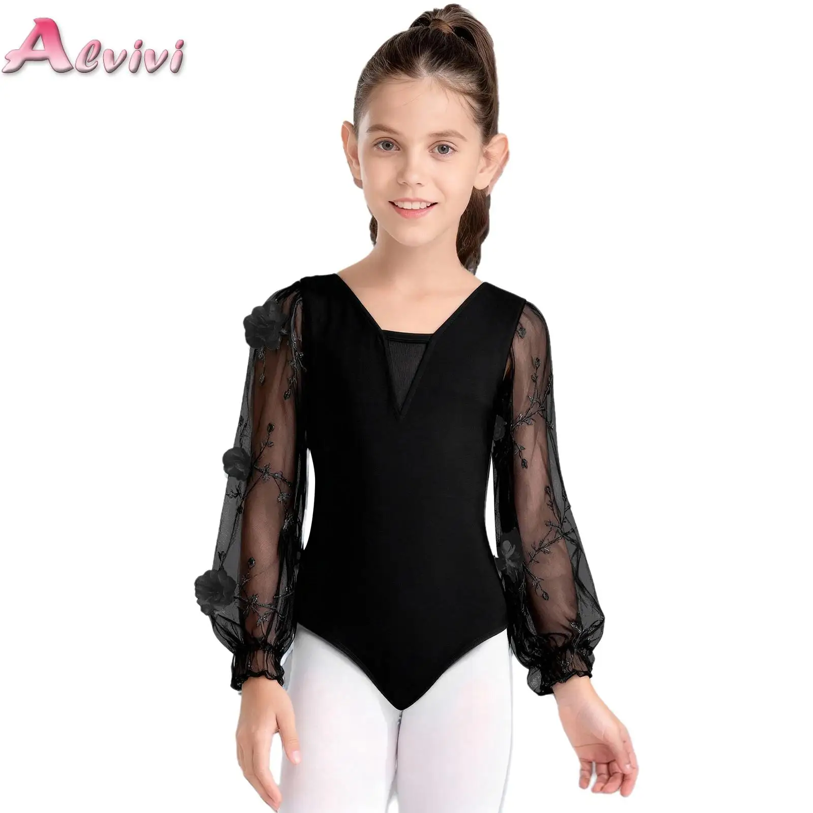 

Kids Girls Ballet Leotards Ballerina Dance Dancewear V-Neck 3D Flowers Embroidery Gymnastics Jersey Bodysuit for Girls Clothes