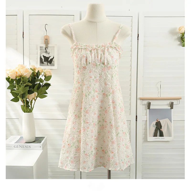 Damen Spaghetti Strap Blumen druck Süßes Mini kleid elastische Taille schlank Fit Ärmel los rücken lose Sommer kurze Kleider