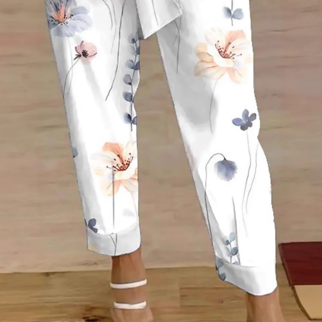 Pantalon décontracté en lin imprimé à lacets, nouvelle mode printemps et été 2025, vêtements pour femmes, taille moyenne, tempérament décontracté