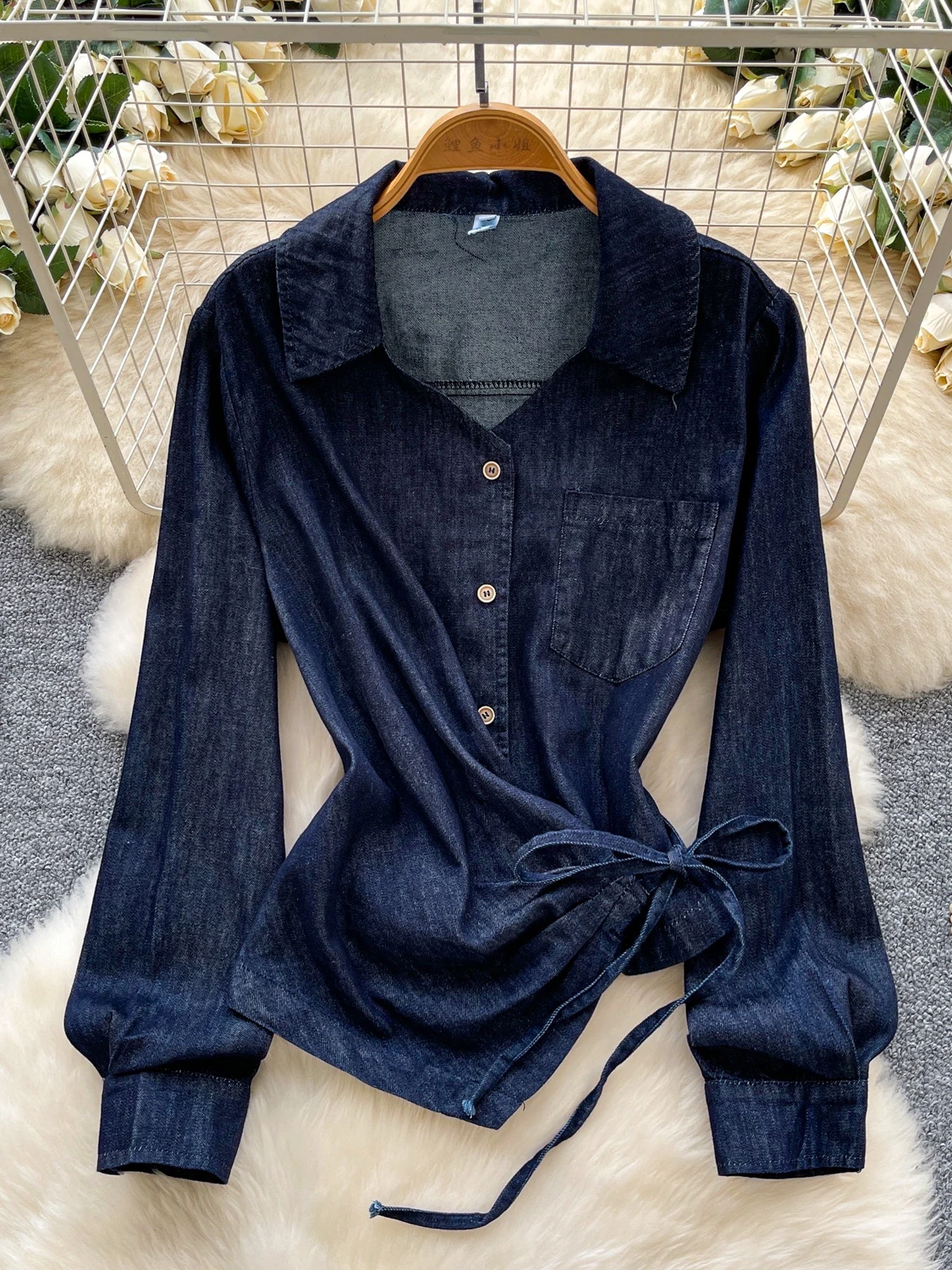 

Women's Long Sve Denim irt Waist Cinched Belted Design Autumn Faionable Top Breathable Polyester Fiber Casual Commute