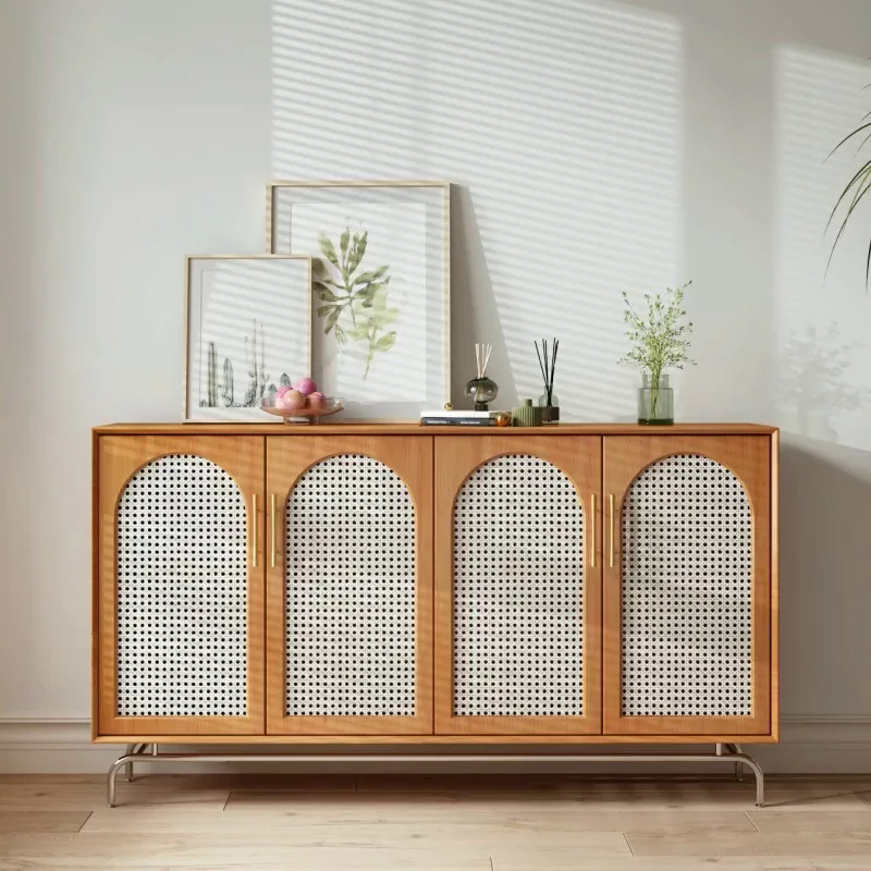 Premium Nordic solid wood dining side cabinet, household double-door large-capacity rattan locker, modern simple storage porch