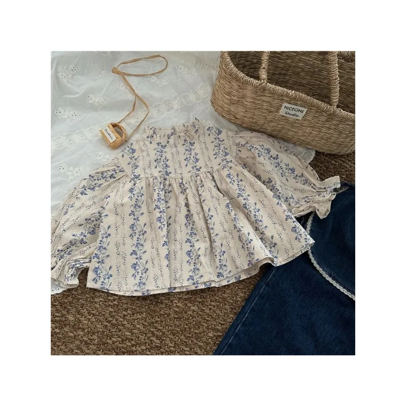 

New Autumn Toddlers Girls Printed Blouses Puff Sleeve Ruched Tops Korean Style Baby Kids Loose Shirts