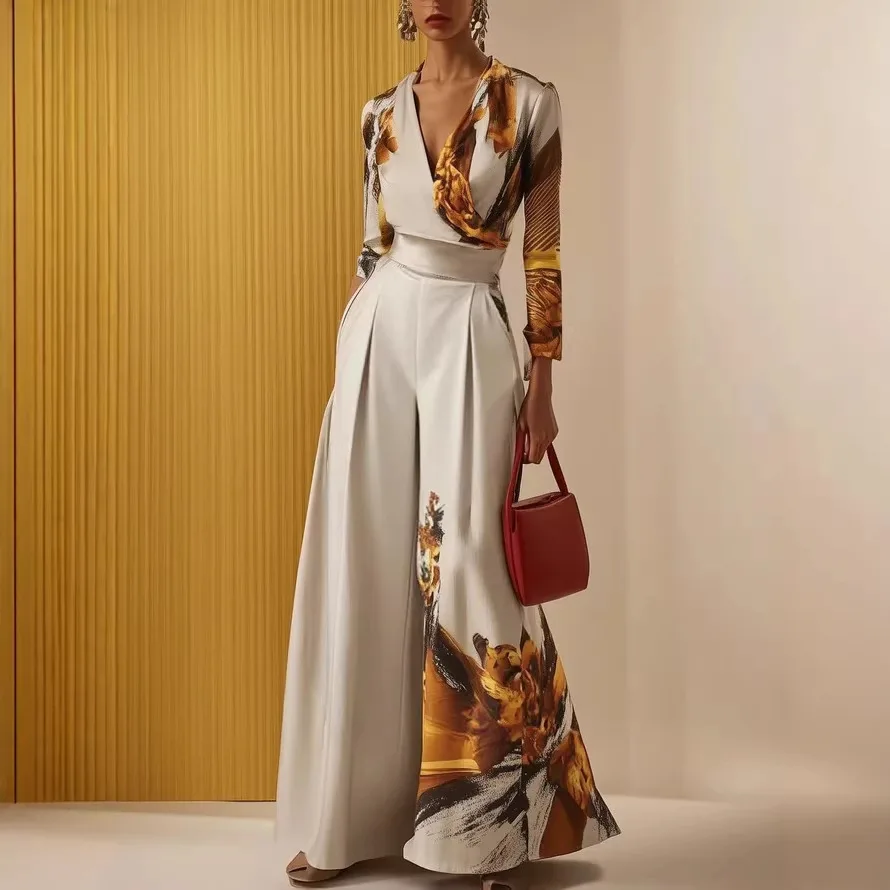 

2026 Spring/Summer New Long-Sleeve Sexy Deep V-Neck Printed Wide-Leg Waist-Cinching Women's Ball Gown Dress