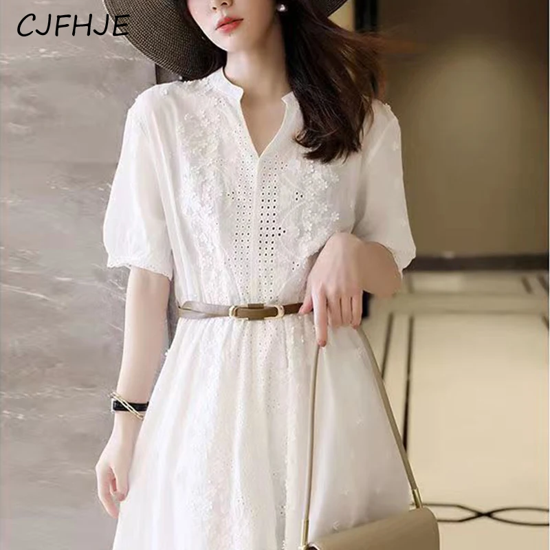 CJFHJE Summer Elegant Fashion White Embroidery Hollow Dress Ladies Short Sleeve Simple Waist A-line Dresses Sweet Cotton Robe