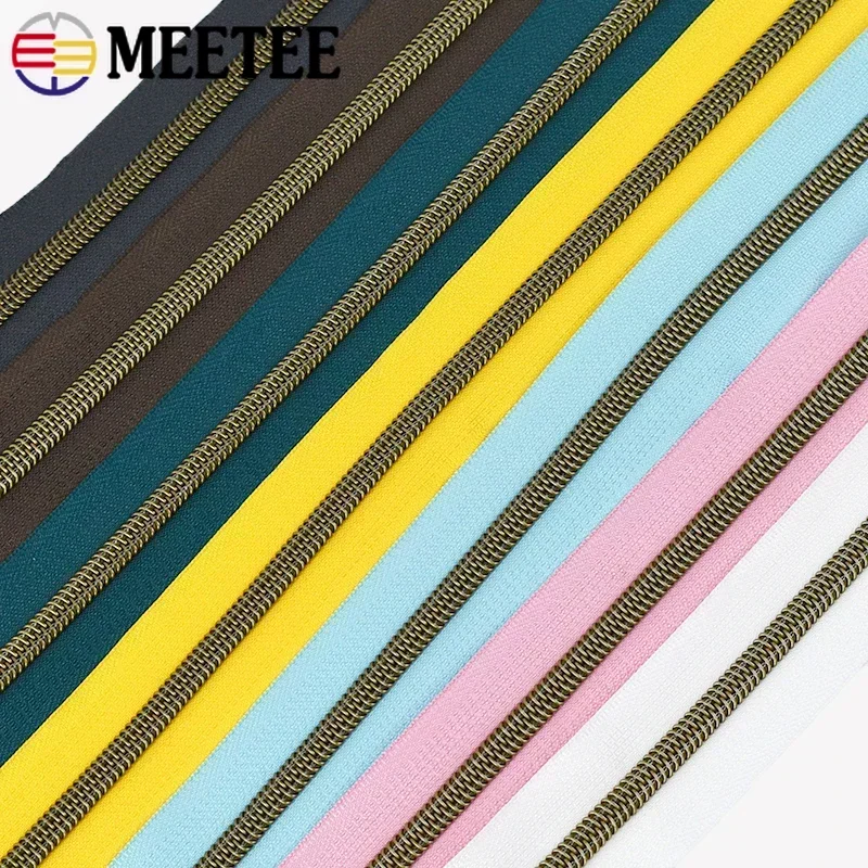 3/5/10Meters 5# Nylon Zipper Colorful Tape Bronze Teeth Open-End Zips Tailor for Bag Clothes Repair Kit DIY Sewing Accessories