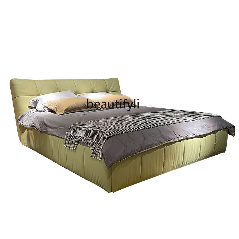 

Leather Double Marriage Bed Mute Bed in Master Bedroom Simple Italian Imported First Layer Cowhide Bed down Soft Bag