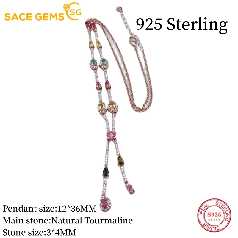 SACEGEMS Luxury 925 Sterling Silver 3*4mm Natual Tourmaline Pendant Necklace for Women Wedding Cocktail Party Fine Jewelry Gifts