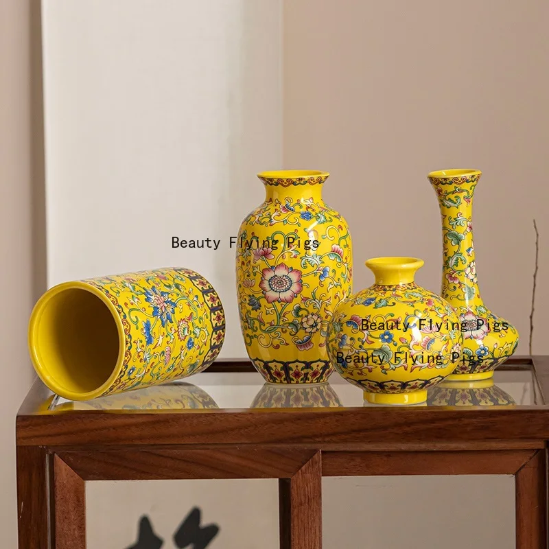 Jingdezhen enamel ceramic flower arrangement Chinese ethnic style living room flower arrangement decoration technology