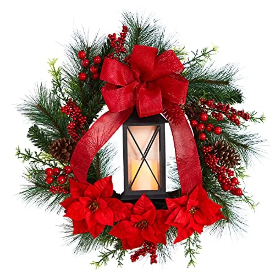 28in Poinsettia and Berry Holiday Lantern Christmas Wreath with LED Candle for Indoor Outdoor Decoration Durable Artificial Gre
