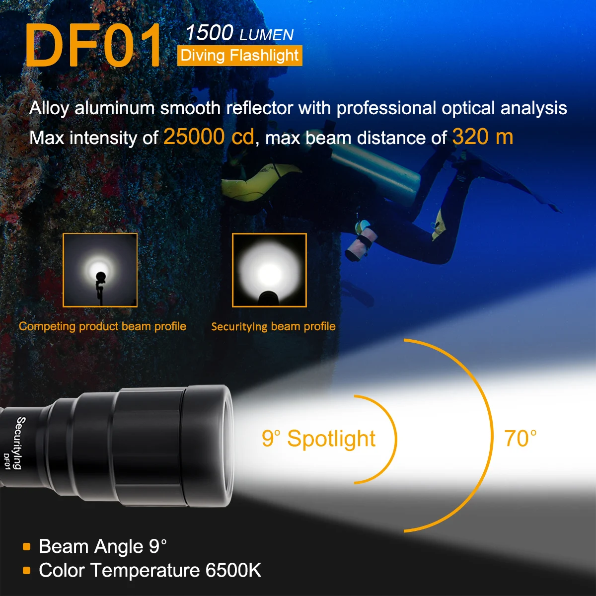 Impermeável mergulho lanterna, estreito feixe, subaquática Scuba tocha, Dive luzes de segurança, SST40 LED, IP68, 1500 Lumen, 9 °