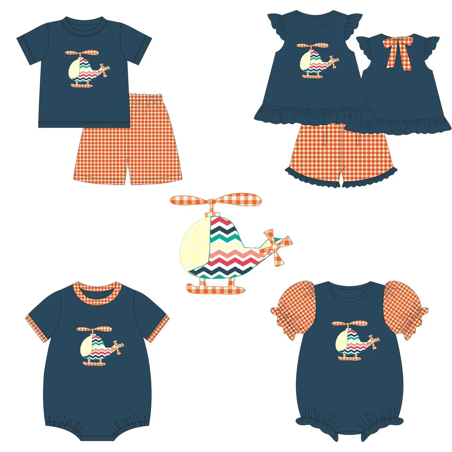 

Children's Summer Clothing Cartoon Print Blue Short-sleeved Top Orange Plaid Shorts Boys and Girls Boutique Set and Romper