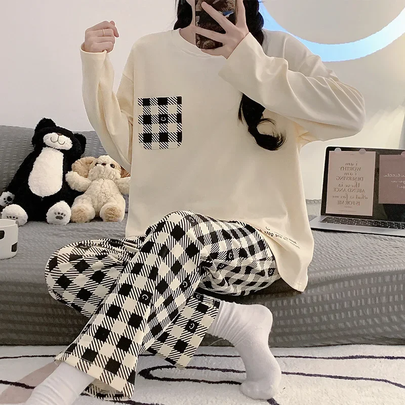Women's Pajamas Long Sleeve Cotton Sleepwear Casual Sweet Home Clothes Set for Women in Spring Autumn and Winter