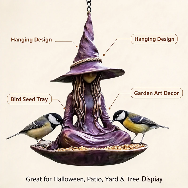 Hanging Witch Bird Feeder Resin Statue Halloween Outdoor Garden Yard Tree Hanging Ornament Patio Decoration