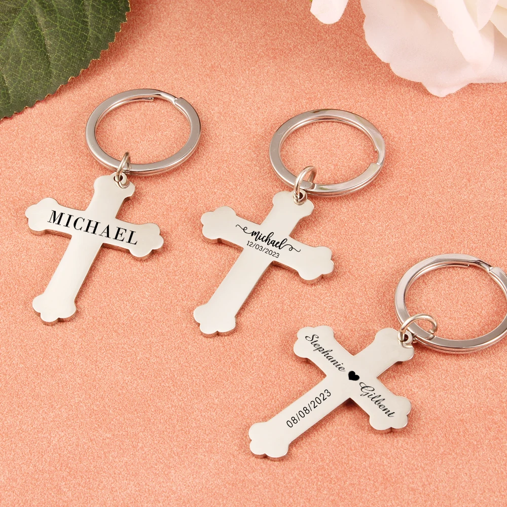 Personalized Laser Engraving Name And Date Cross Keychain Custom Stainless Steel Baptism Gift Wedding Gifts For Guests Key Chain