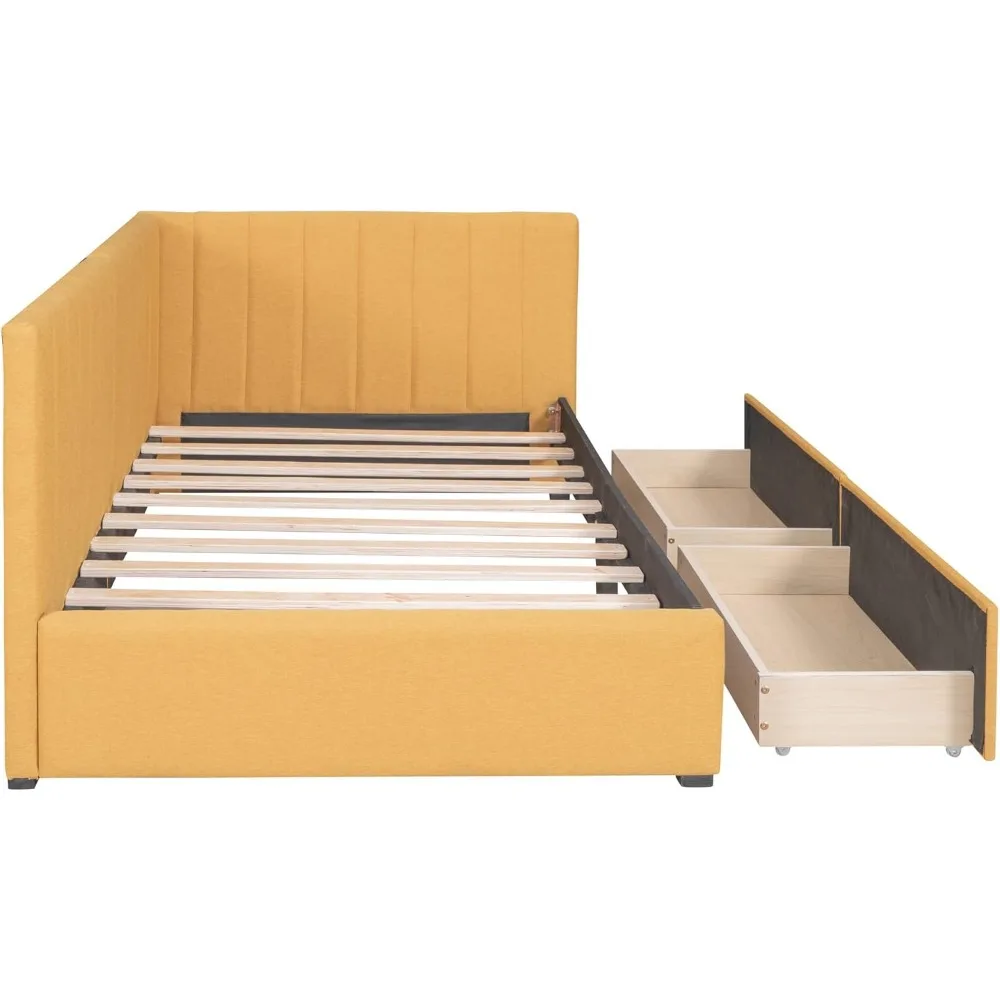 Espreguiçadeira de tamanho duplo, sofá-cama duplo estofado com 2 gavetas de armazenamento, estrutura de sofá-cama de tamanho duplo de tecido de linho, sem necessidade de molas