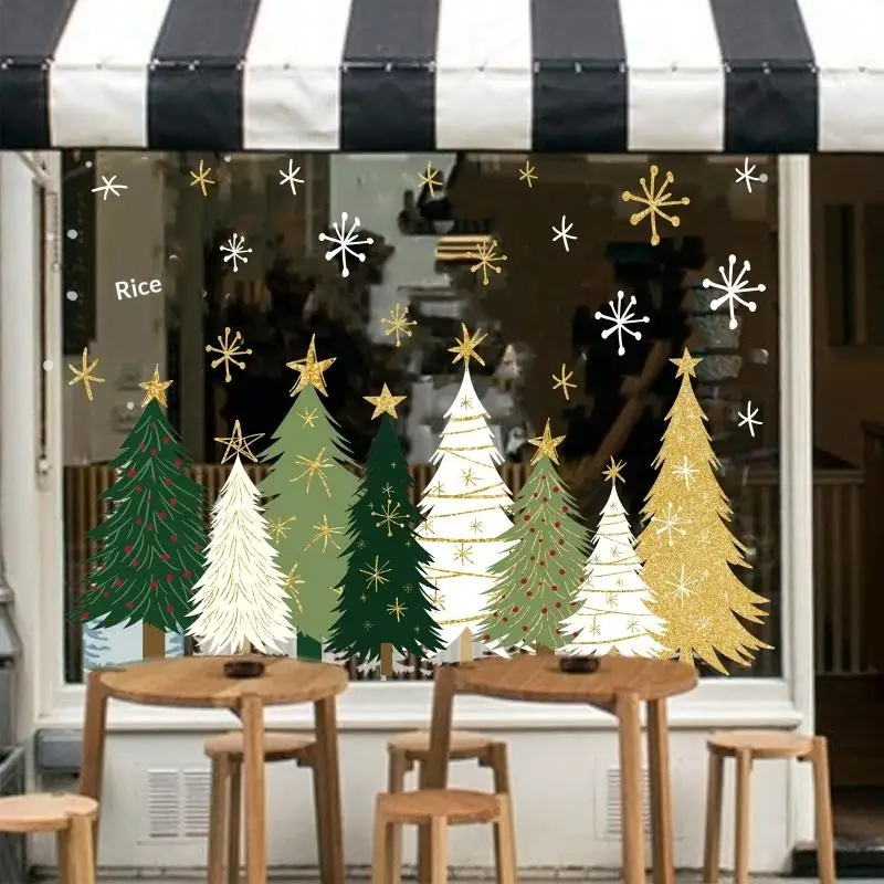 3PCS Christmas Window Stickers Xmas Tree Cartoon Glass Decal Merry Christmas New Year Holiday Decorations for Home