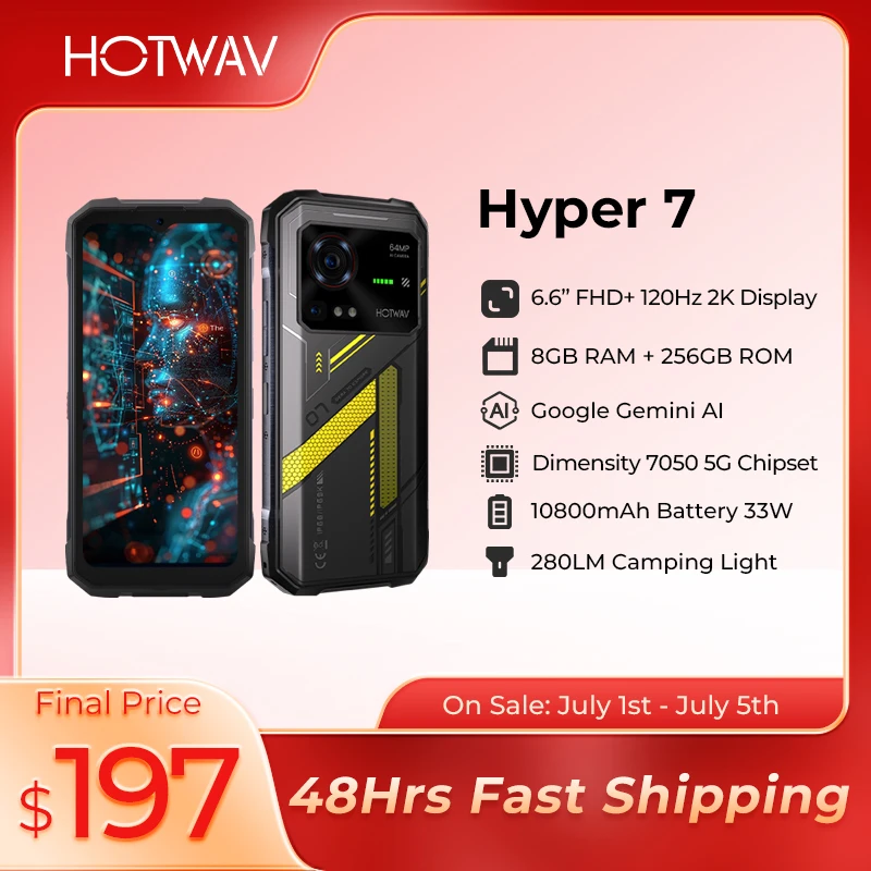 HOTWAV Hyper 7 Rugged Phone 5G 10800mAh 33W Smartphone 6.6'' FHD+ 2K Display 8GB 256GB Cellphone 280LM Android 14 Mobile Phone